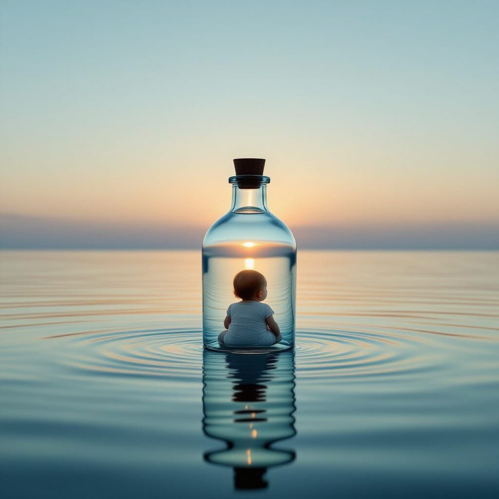 Baby in Floating Bottle on Calm Water