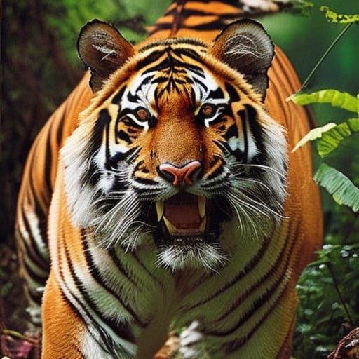 Viscious Tiger Roaring in Jungle: Dark Fantasycore Art