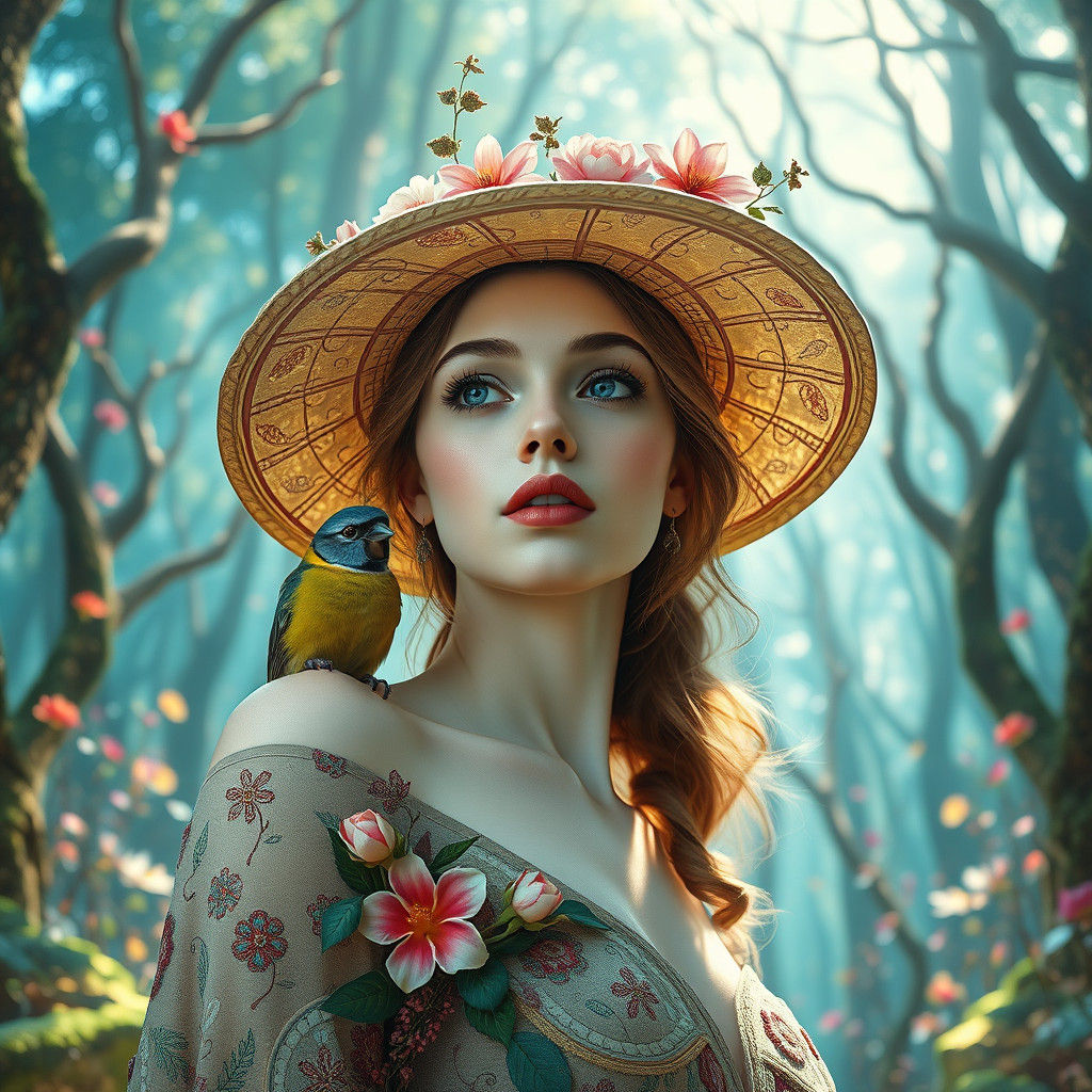 Ethereal Woman in Forest, Klimt-Inspired Surrealism