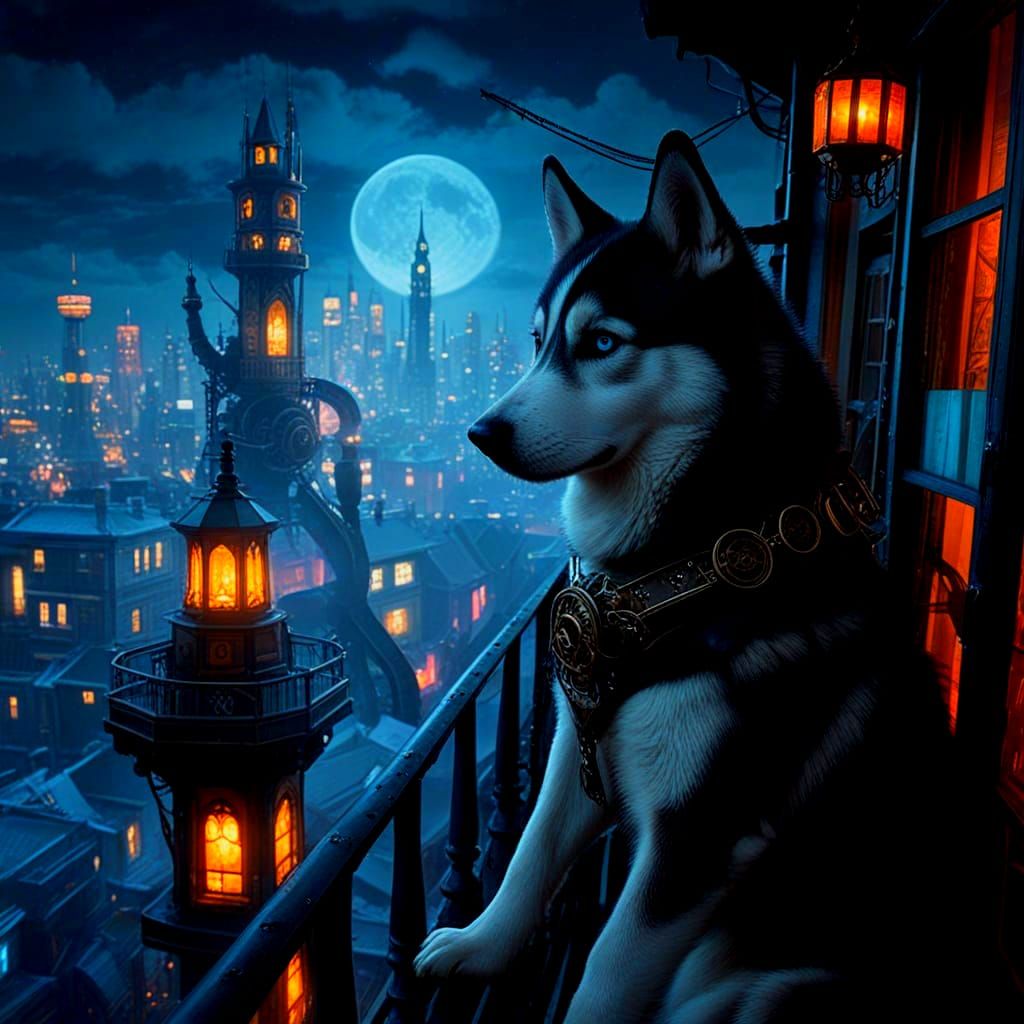 Siberian Husky Surveys Steampunk City at Night