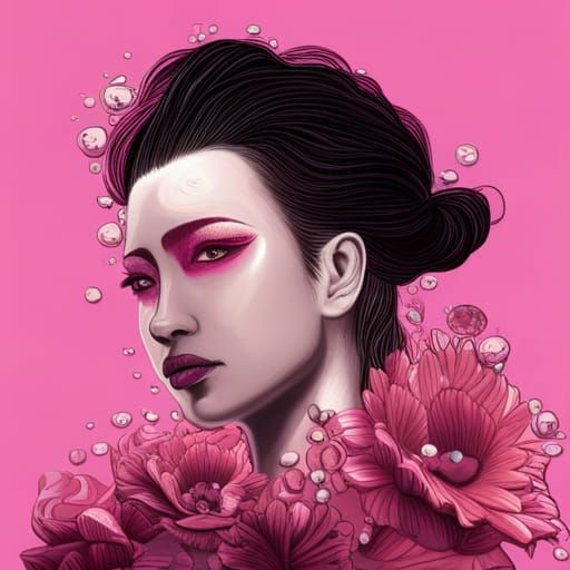 Geisha with Pink Hair, Moon, and Flowers