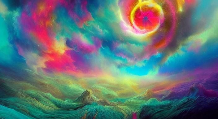 Cosmic Sky with Pink Clouds and Golden Light