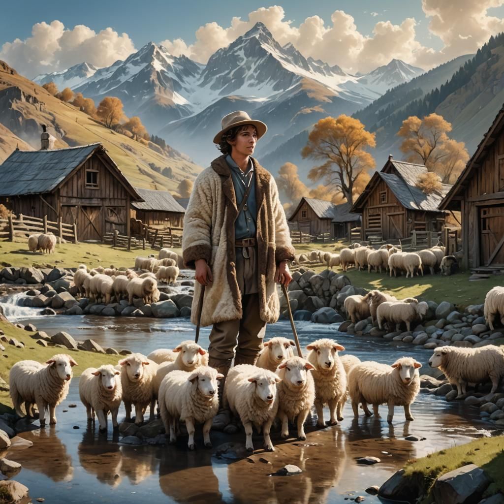Fantasy Shepherd Boy with Sheep and Dogs