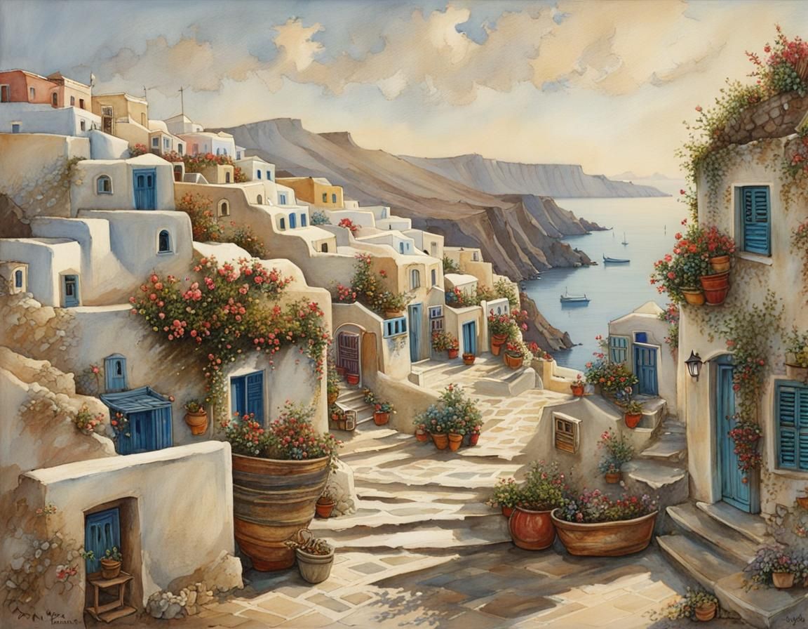 Santorini Fishing Village: A Fairy-Tale Illustration
