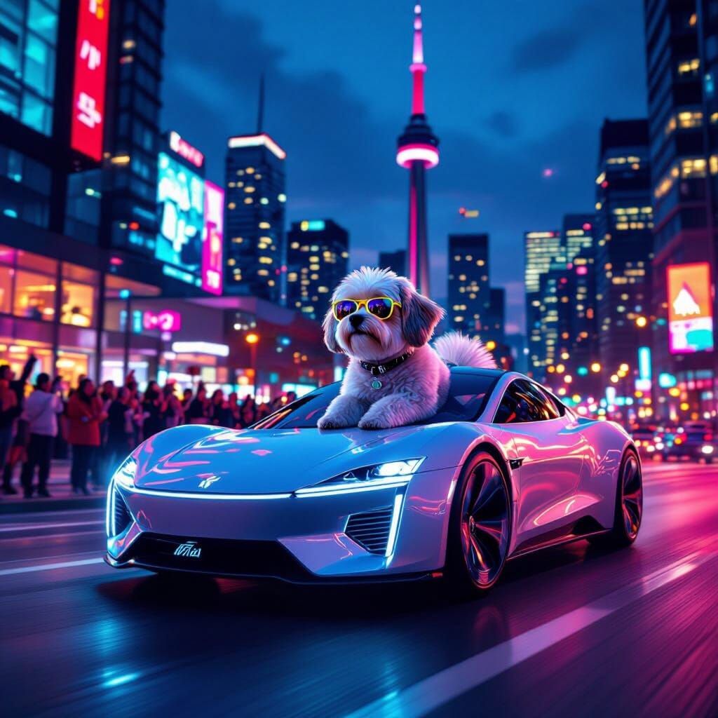 Havanese Dog Drives Flying Car Over Toronto at Night