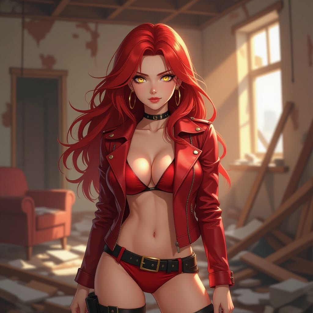 Anime Woman in Destroyed Room, Dramatic Lighting