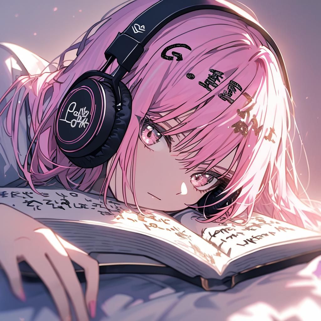 Teen Girl Writes in Book with Headphones On