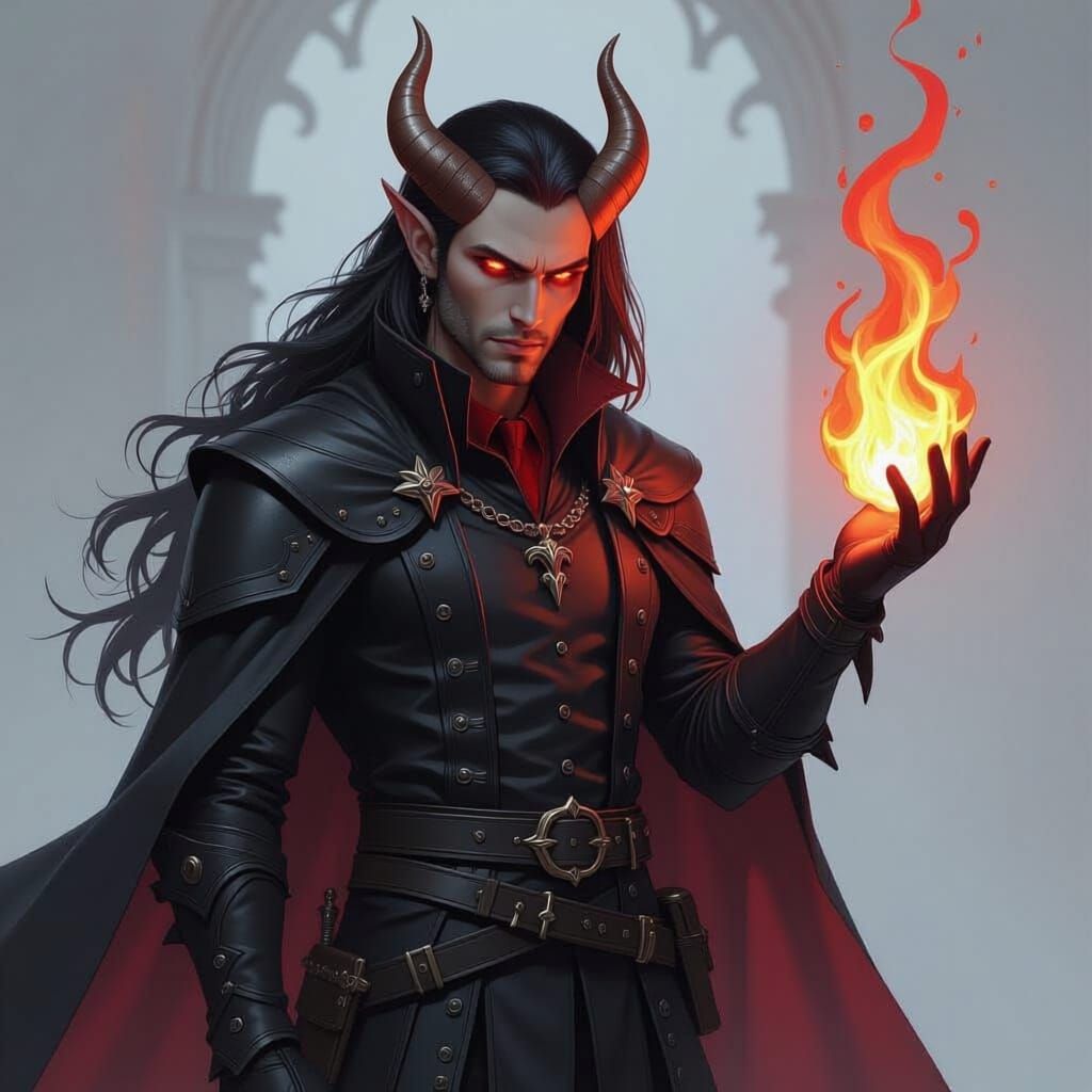 Tiefling Warlock Conjures Fiery Magic in Dark Fantasy Style