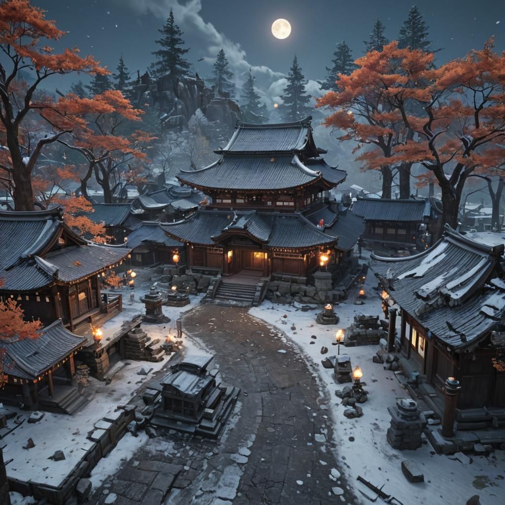 Sci-Fi Japanese Village Street at Night in Unreal Engine