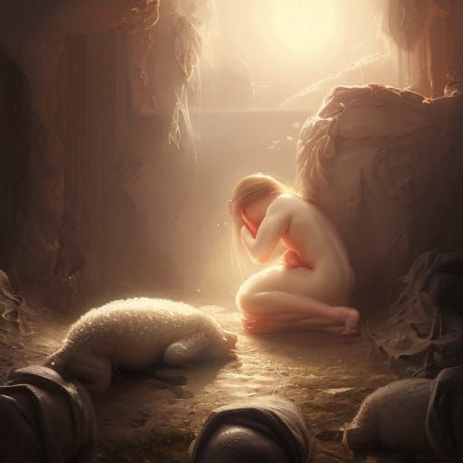Goddess Mourning Lamb: Dark Fantasy Art