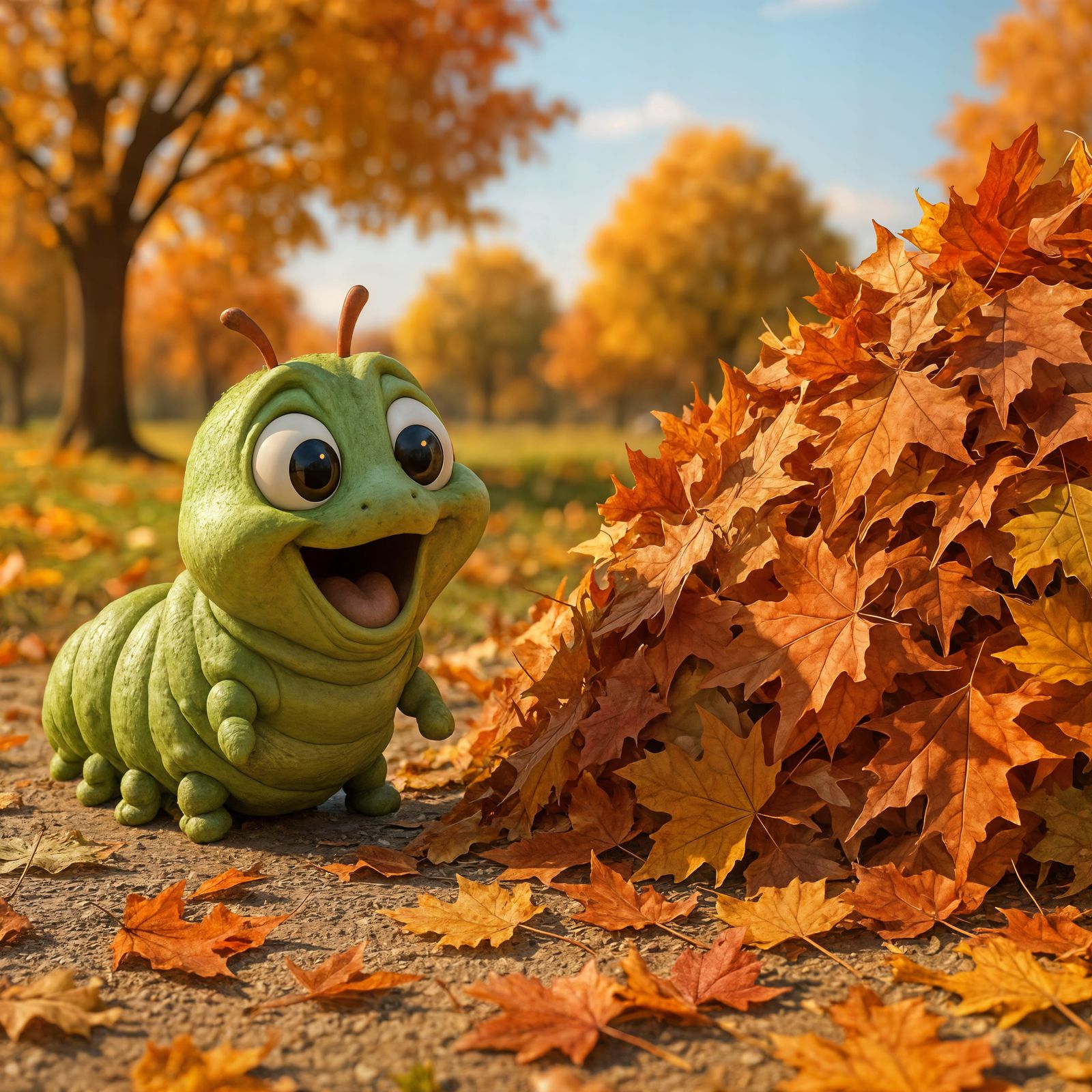 Excited Caterpillar Finds Leaf Pile on Sunny Autumn Day