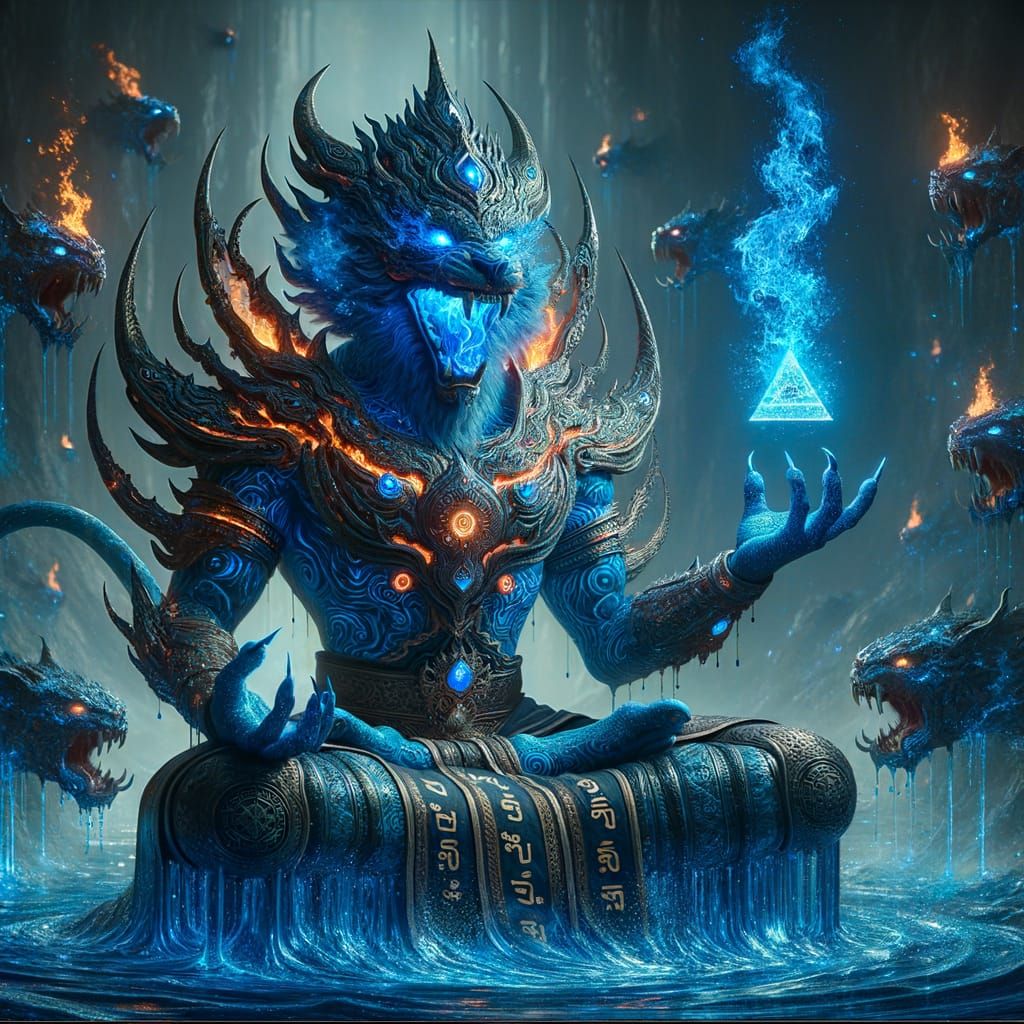 Ancient Blue Jaguar Warlord Meditates Amidst a Pit of Mythic...