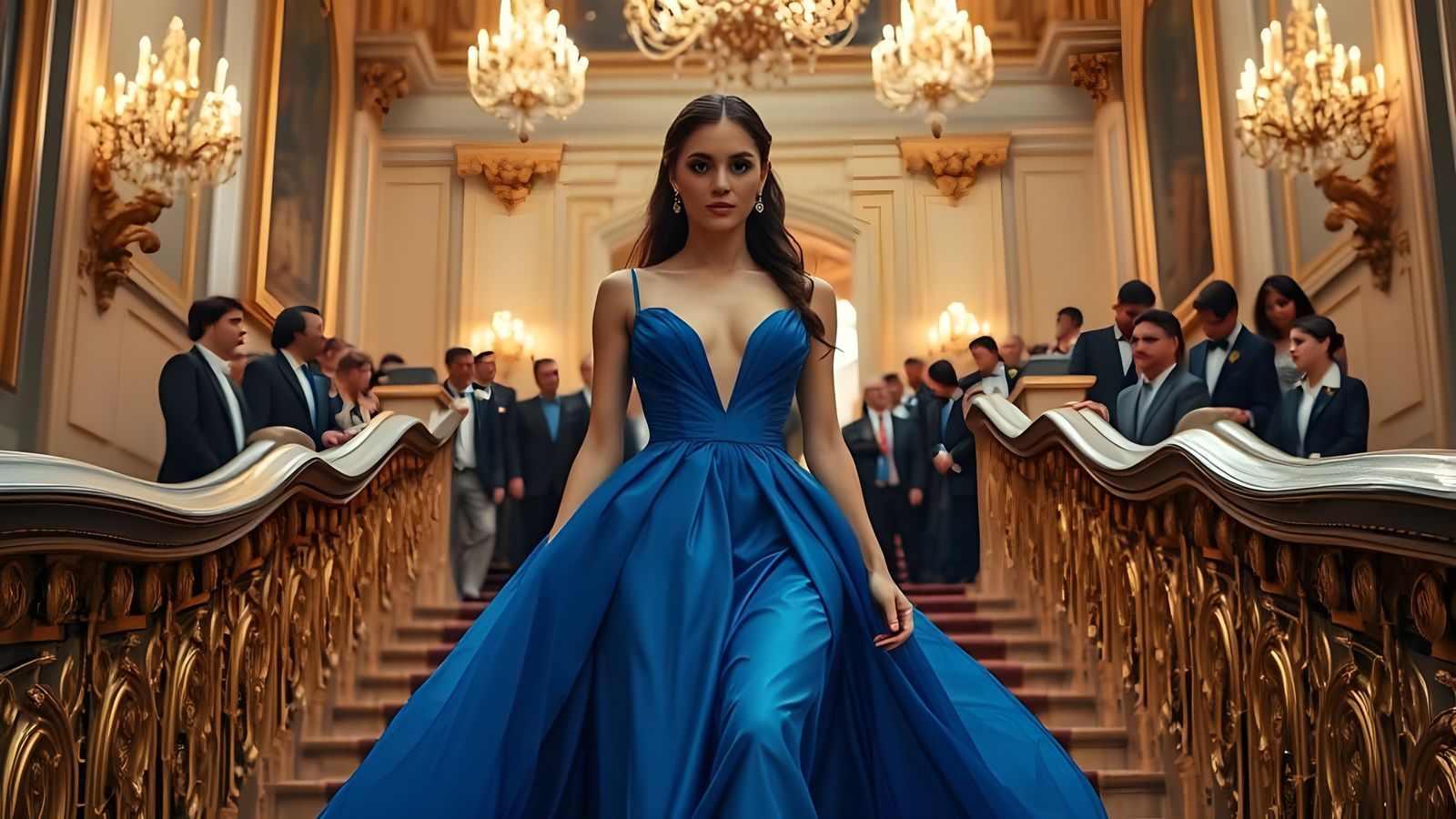 Elegant Woman Descends Grand Staircase to Opulent Ballroom