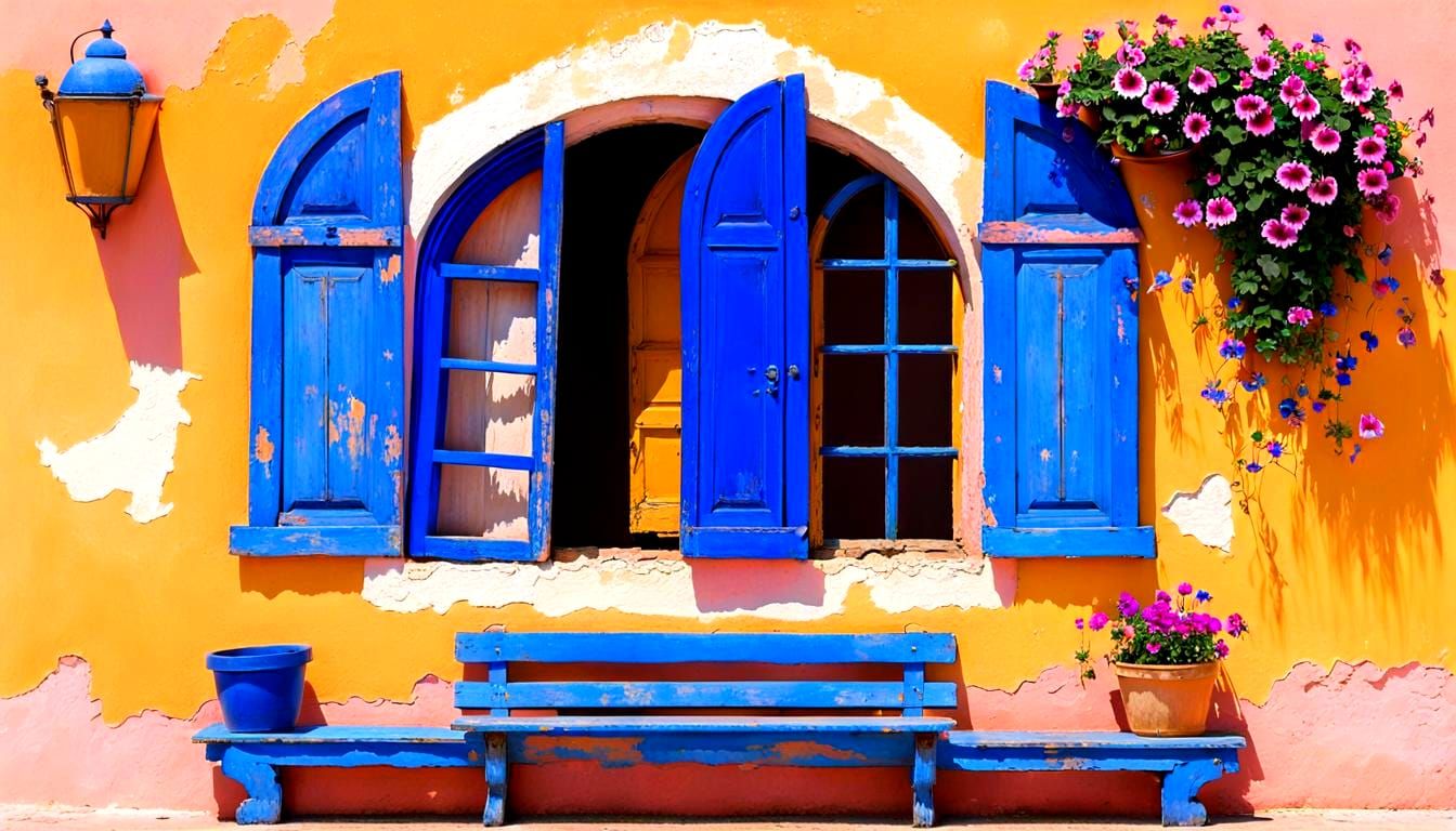 Decaying Window on Ruined Wall Inspired by Impressionism