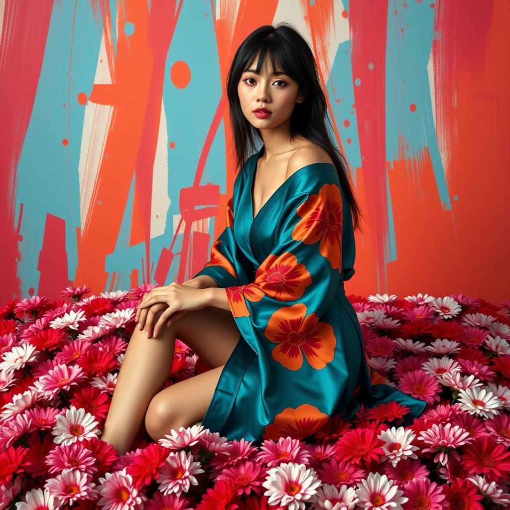 Woman in Floral Robe on Chrysanthemum Bed, Pop Art Style