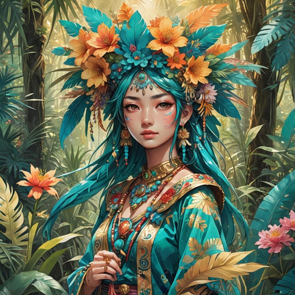 Maya Lady in Jungle with Floral Headdress