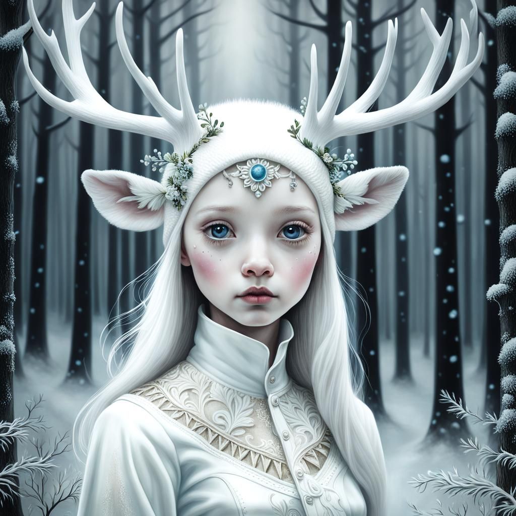 Fantasy White Deer in Watercolor Style