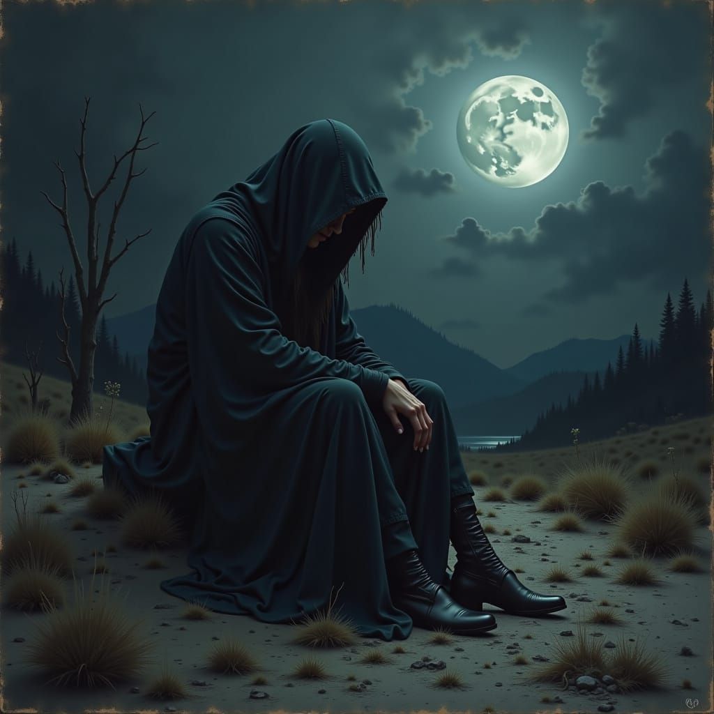 Lone Figure in Desolate Landscape: Scarred Soul