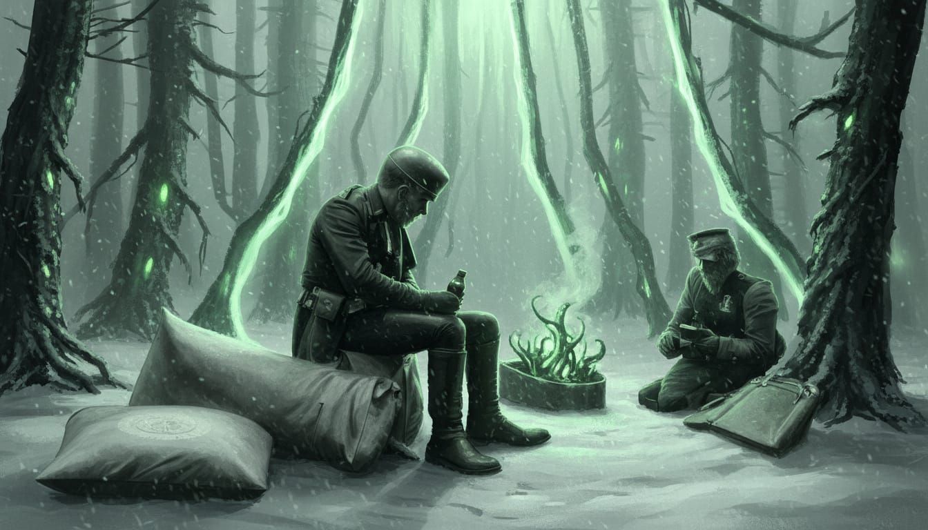 Eerie Winter Forest with Green Light