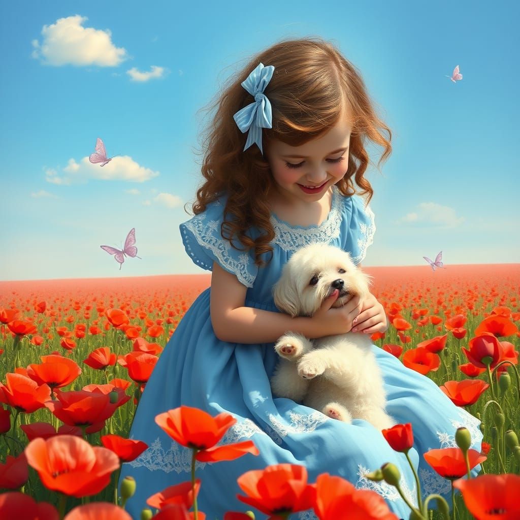 Young Girl Interacting with Fluffy White Dog in a Field of R...