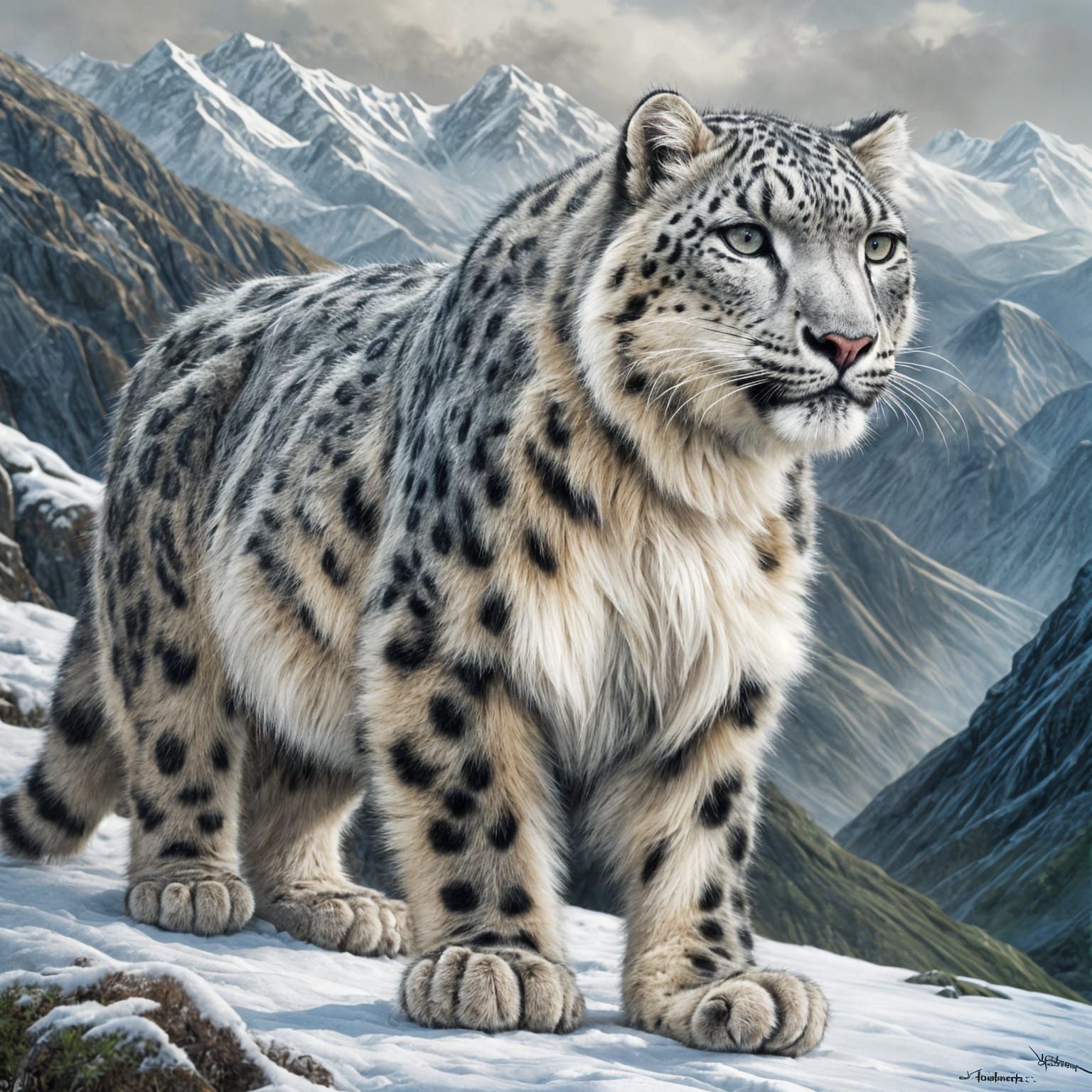 Majestic Snow Leopard in Winter Landscape
