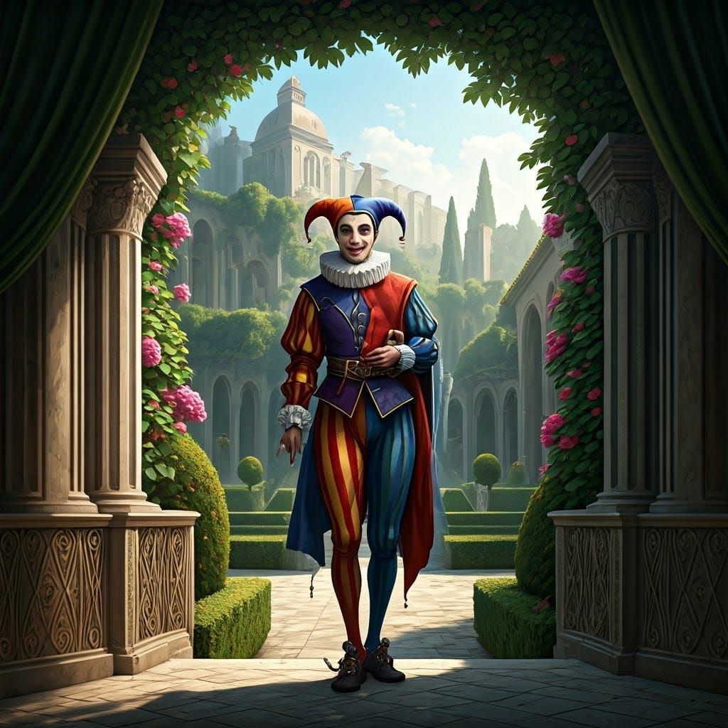 Jesters in a Vibrant Mediterranean Royal Garden