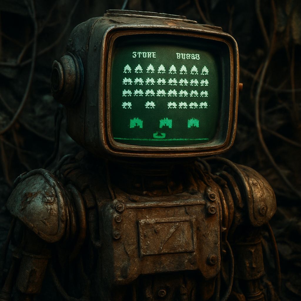 Retro Droid Plays Space Invaders in Cyberpunk Style