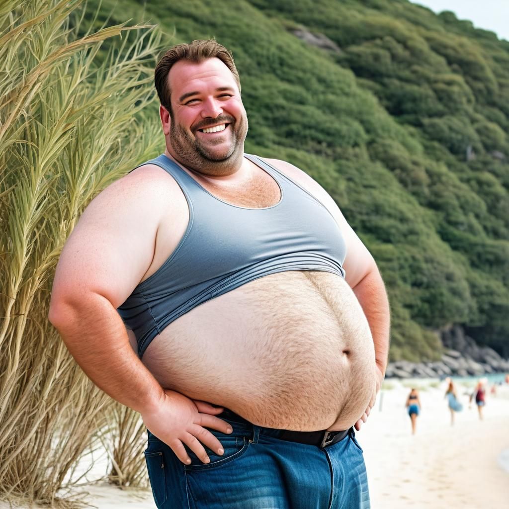 Smiling Obese Man with Potbelly on Beach