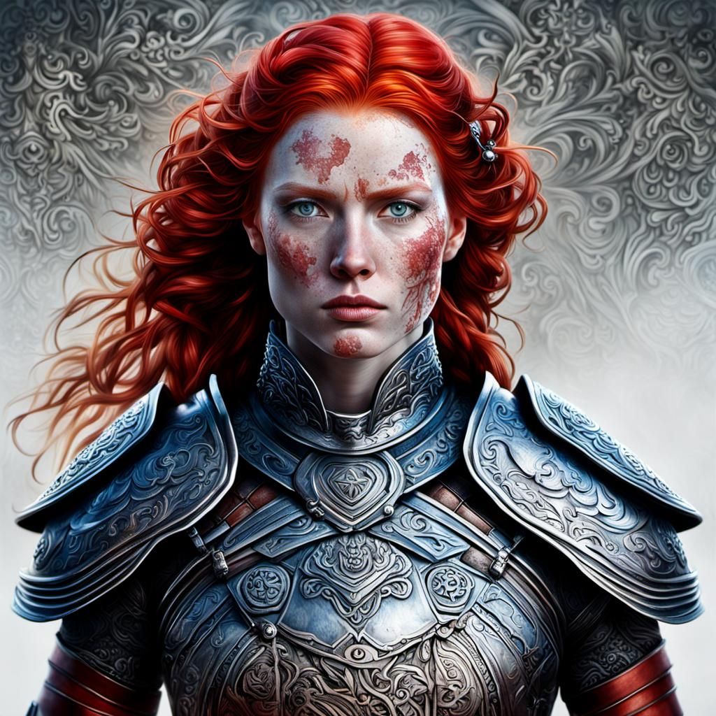 Hyperrealistic Redhead Feminine Warrior Portrait