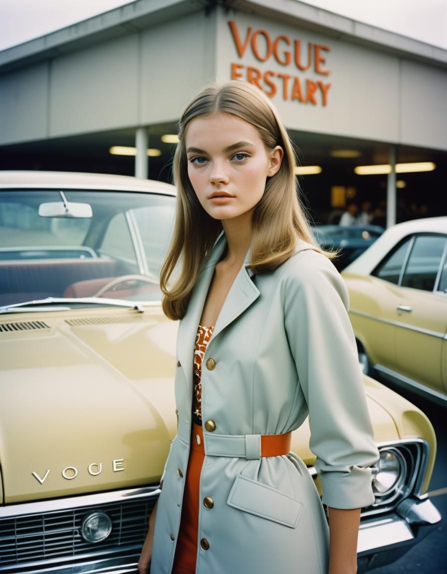 photograph of teenage female fashion model poses in the car park of a future retro restaurant in 1969, Vogue magazine 19...