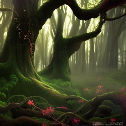 Magical Overgrown Enchanted Forest with Will o' the Wisps