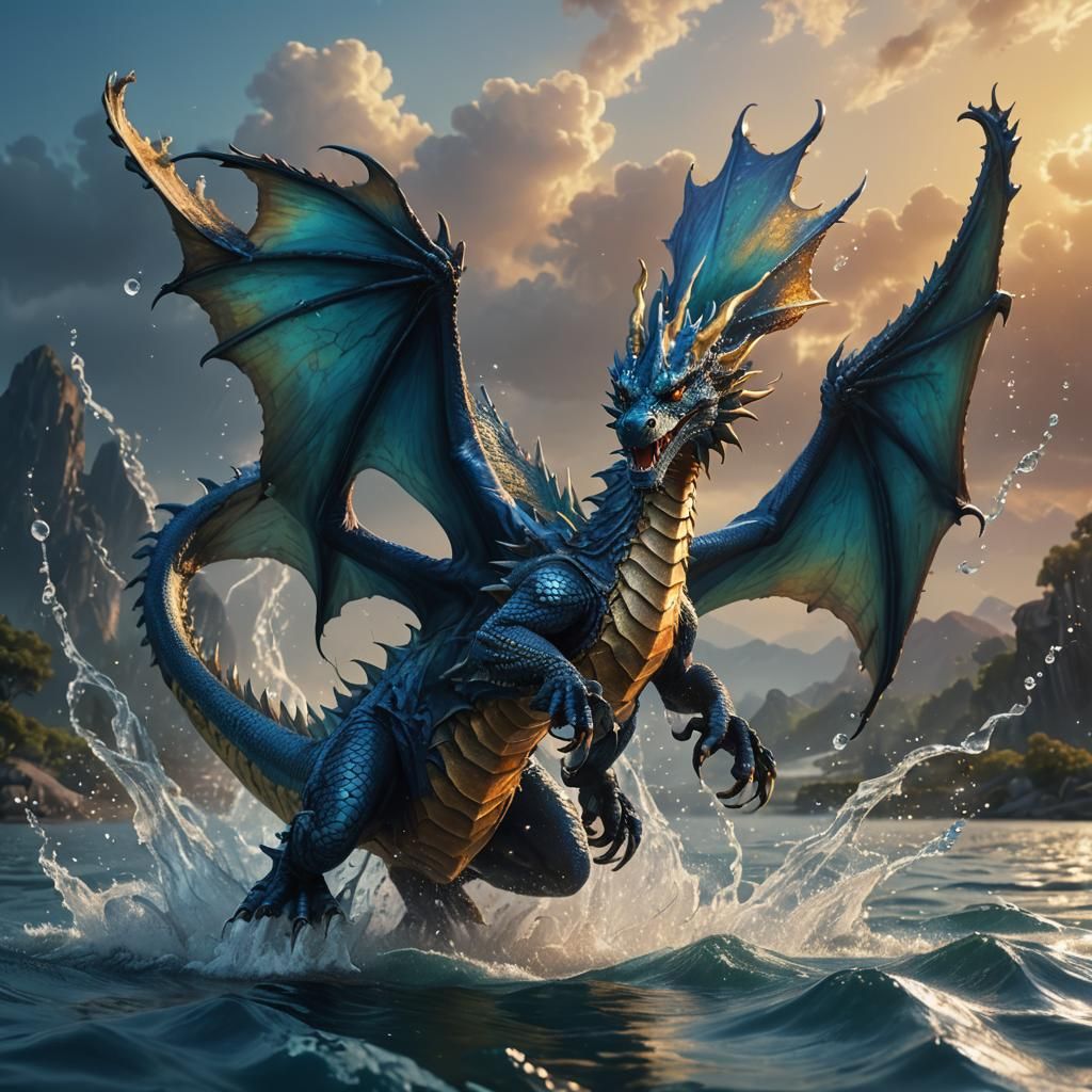 Blue Dragon Water Splash: Fantasy Matte Painting