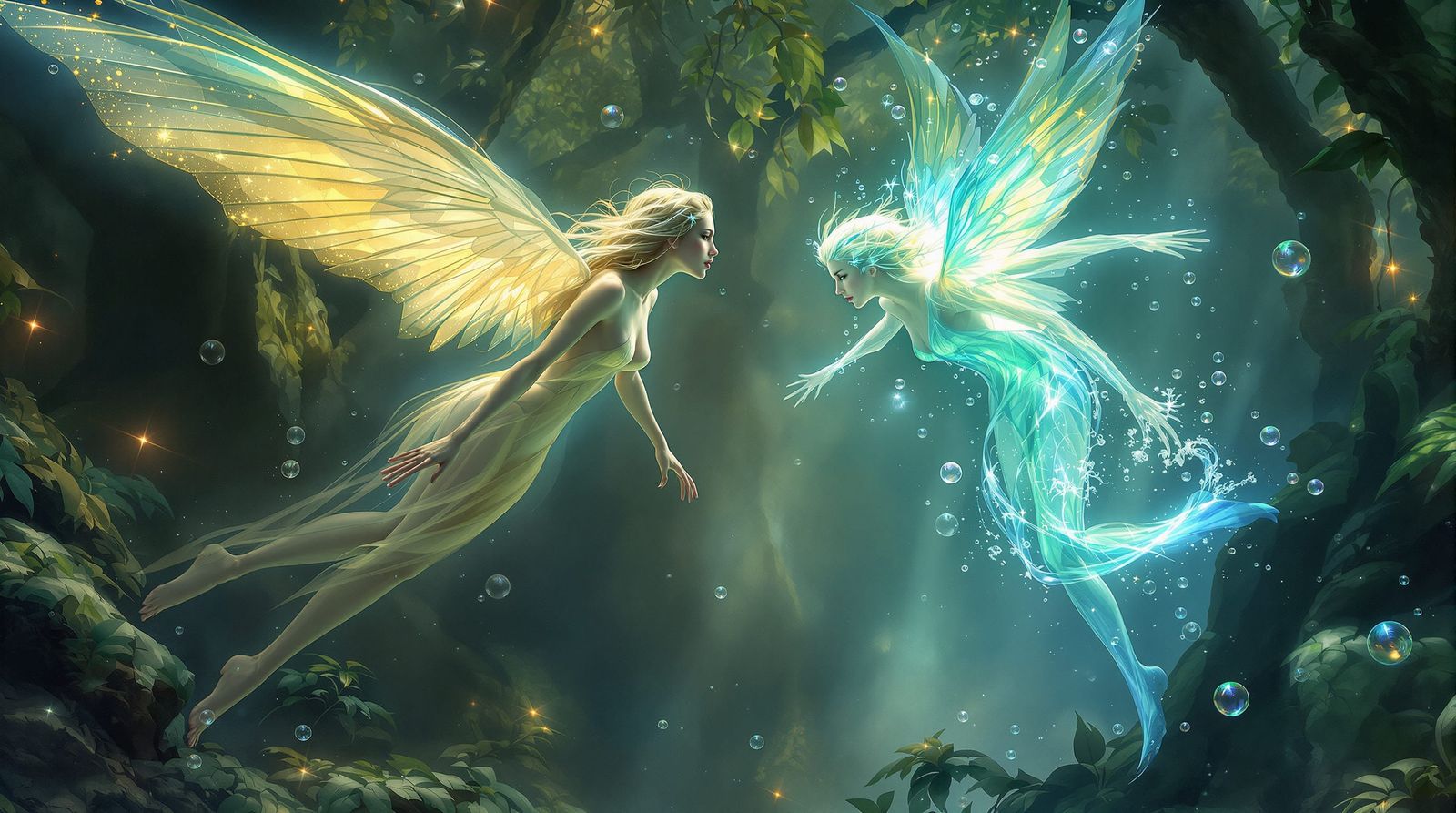 Art Nouveau Sylph Meets Water Sprite in Enchanted Forest