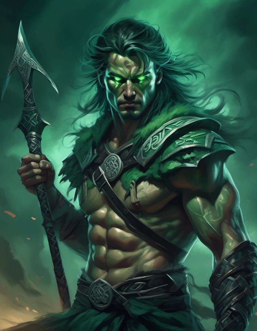 A hyperdetailed, hyperrealist full-body image of a duel axe wielding celtic warrior with thin, intense manhwa-style eyes...