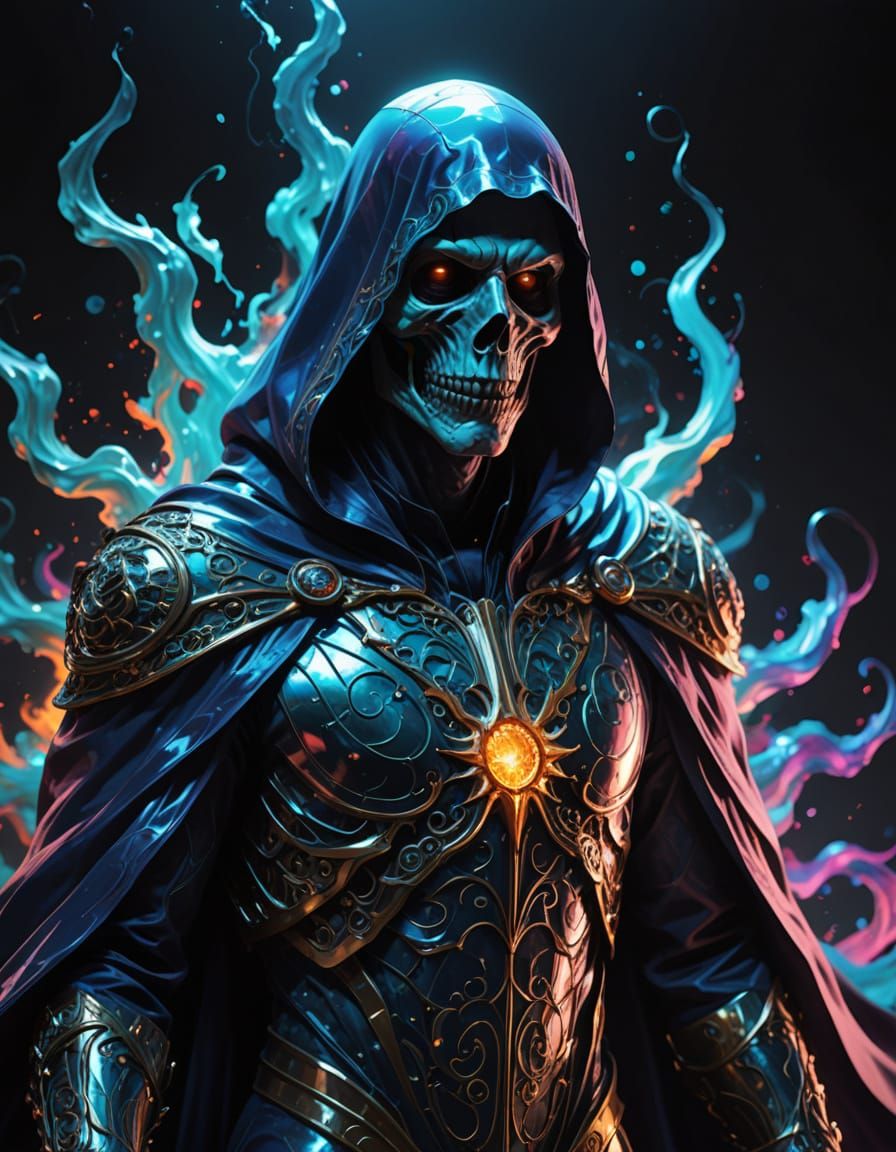 Cosmic Skeletor: Iridescent Specter in Ethereal Light
