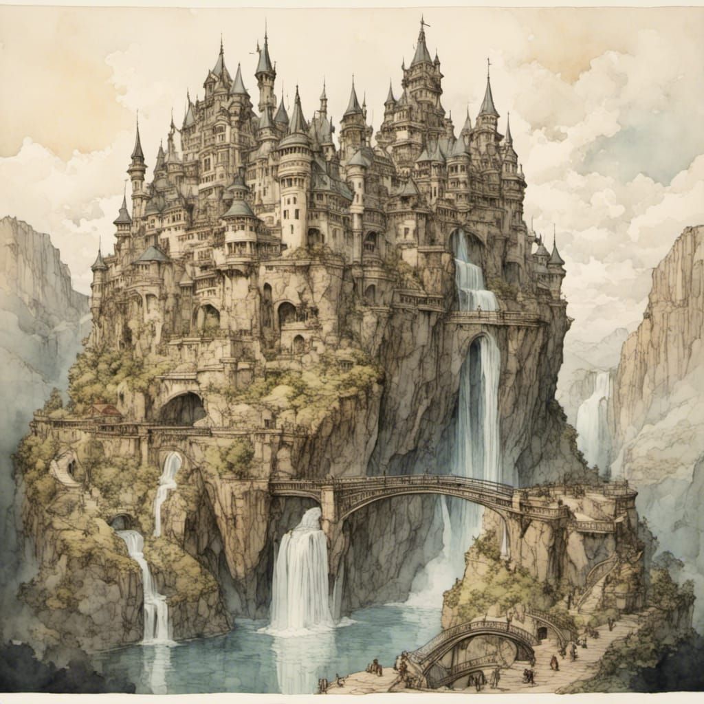 Giant Castle Waterfall at Night in Watercolor Style