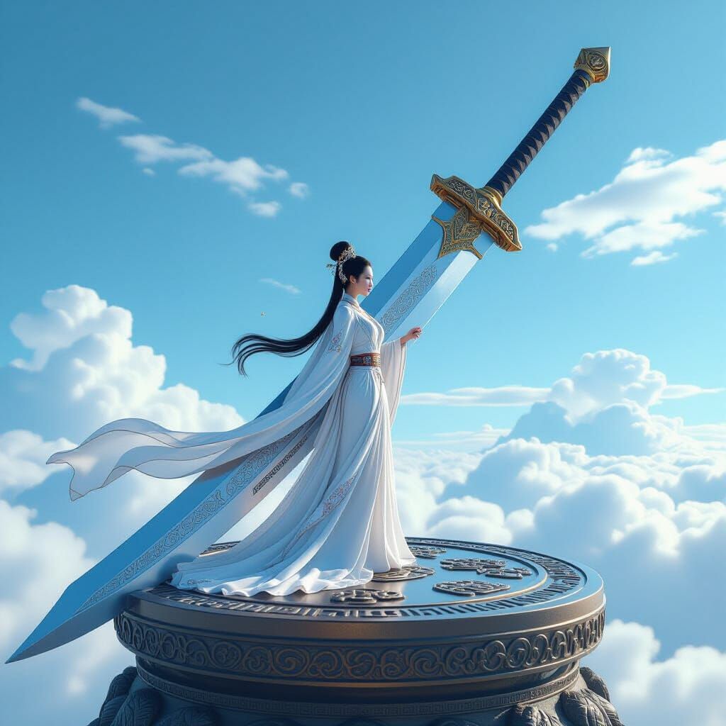 Giant Ancient Sword in Sky with Lady, Digital Movie Art