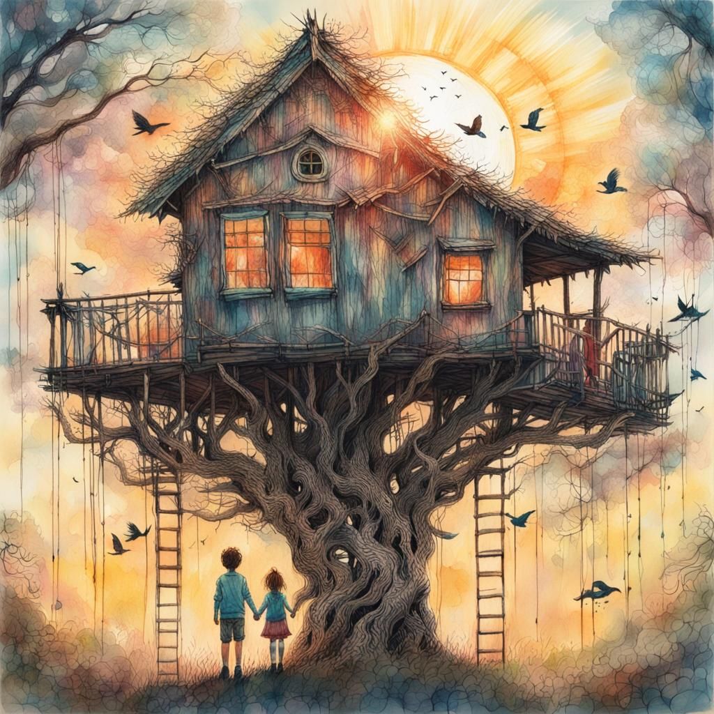 Whimsical Treehouse Scene with Children Holding Hands