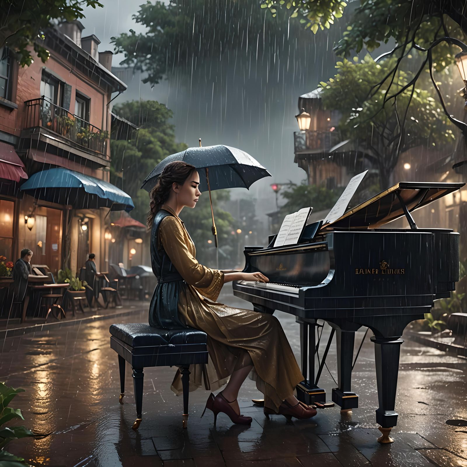 beautiful woman playing piano under the rain