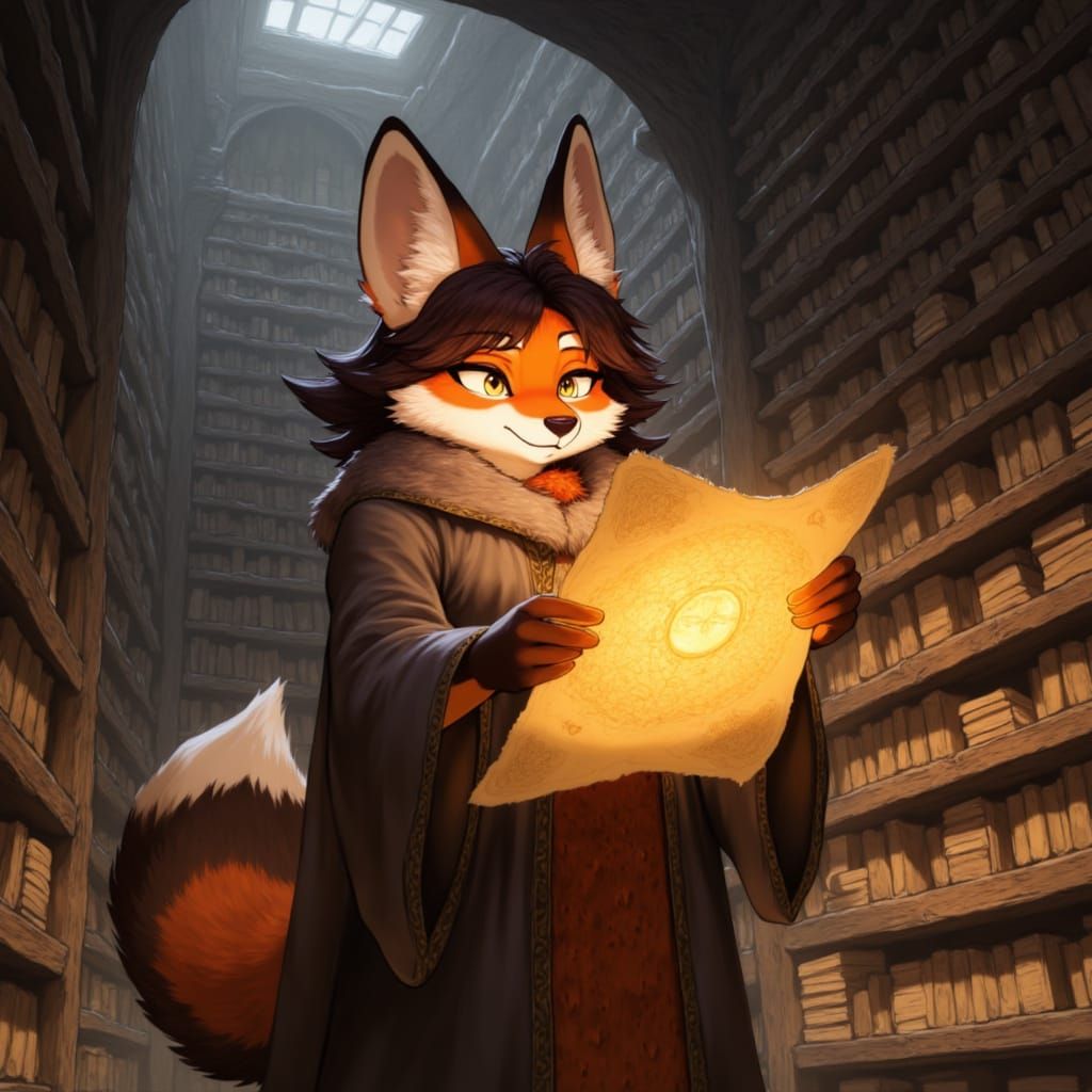 Anthropomorphic Fox Wizard Reads Glowing Map in Hidden Libra...