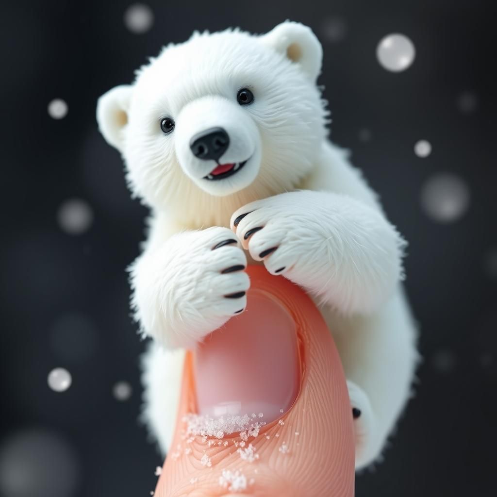 Miniature Polar Bear Clinging to Human Thumb