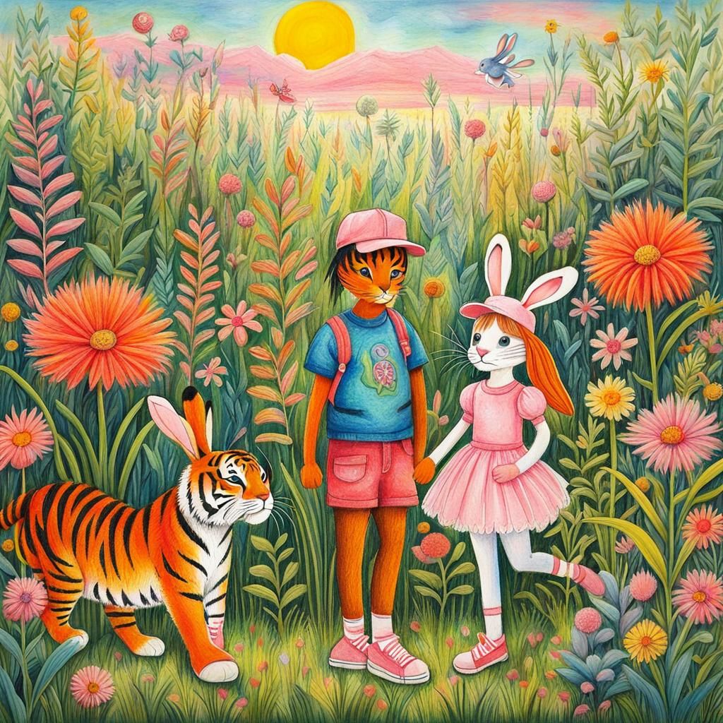 Whimsical Crayon Drawing: Tiger Boy and Bunny Girl