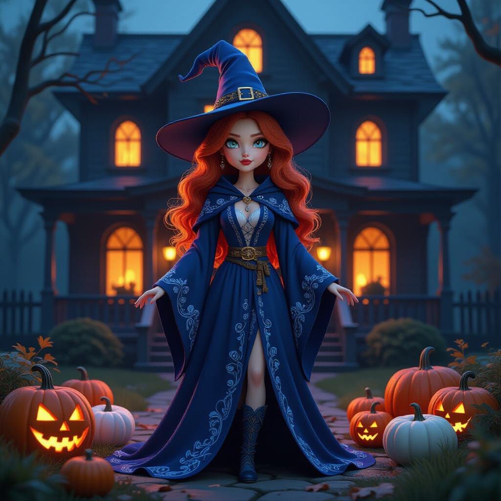 A pretty blue-eyed witch, dressed in a night blue robe, long...