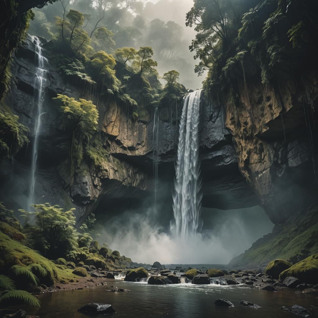 Mysterious Cave Behind Waterfall in Cinematic Style