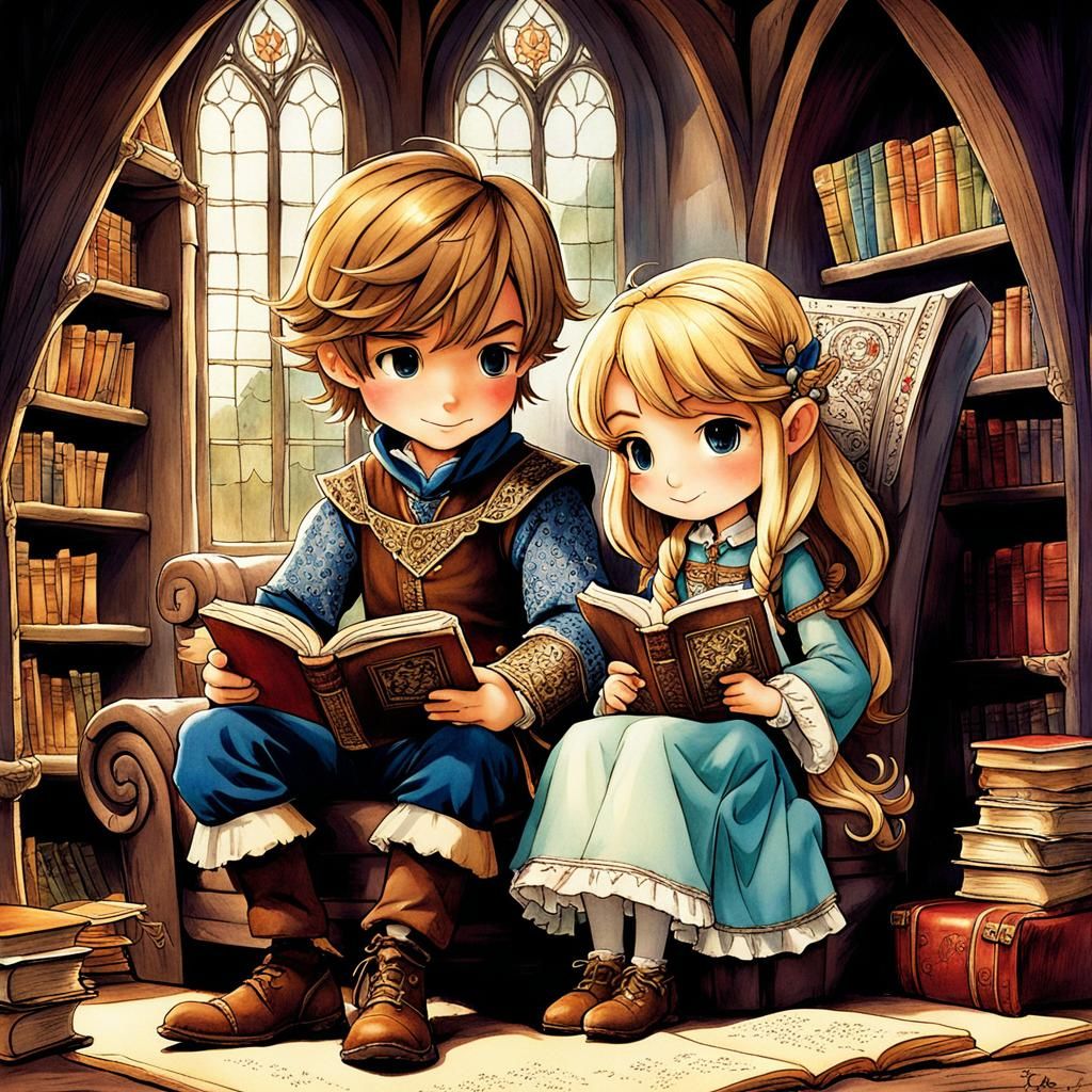 Chibi Siblings Reading Book in Anime Style