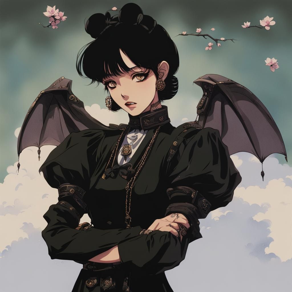 Goth Girl in Retro Japanese Anime Style