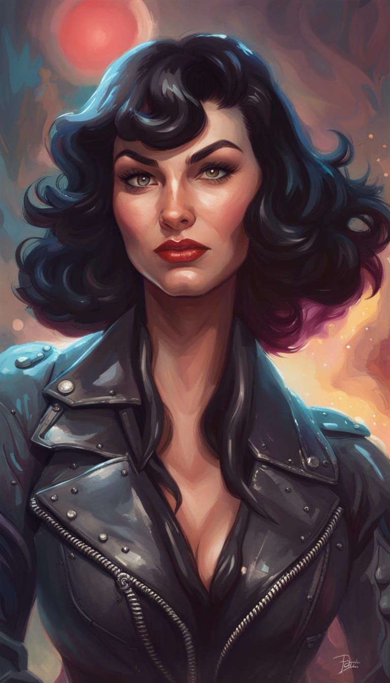 Bettie Page Portrait in Biker Jacket, Detailed Digital Art