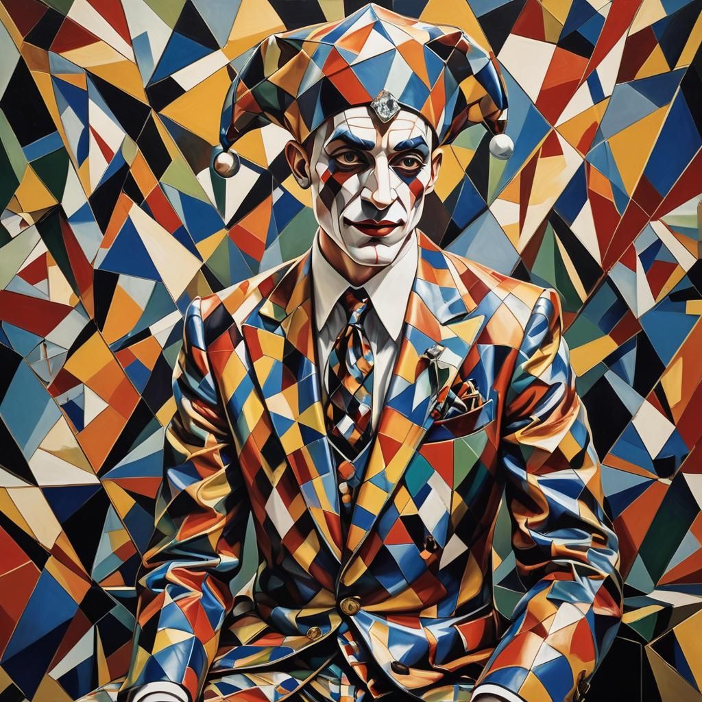 Cubist Art-Deco Jester in Geometric Room