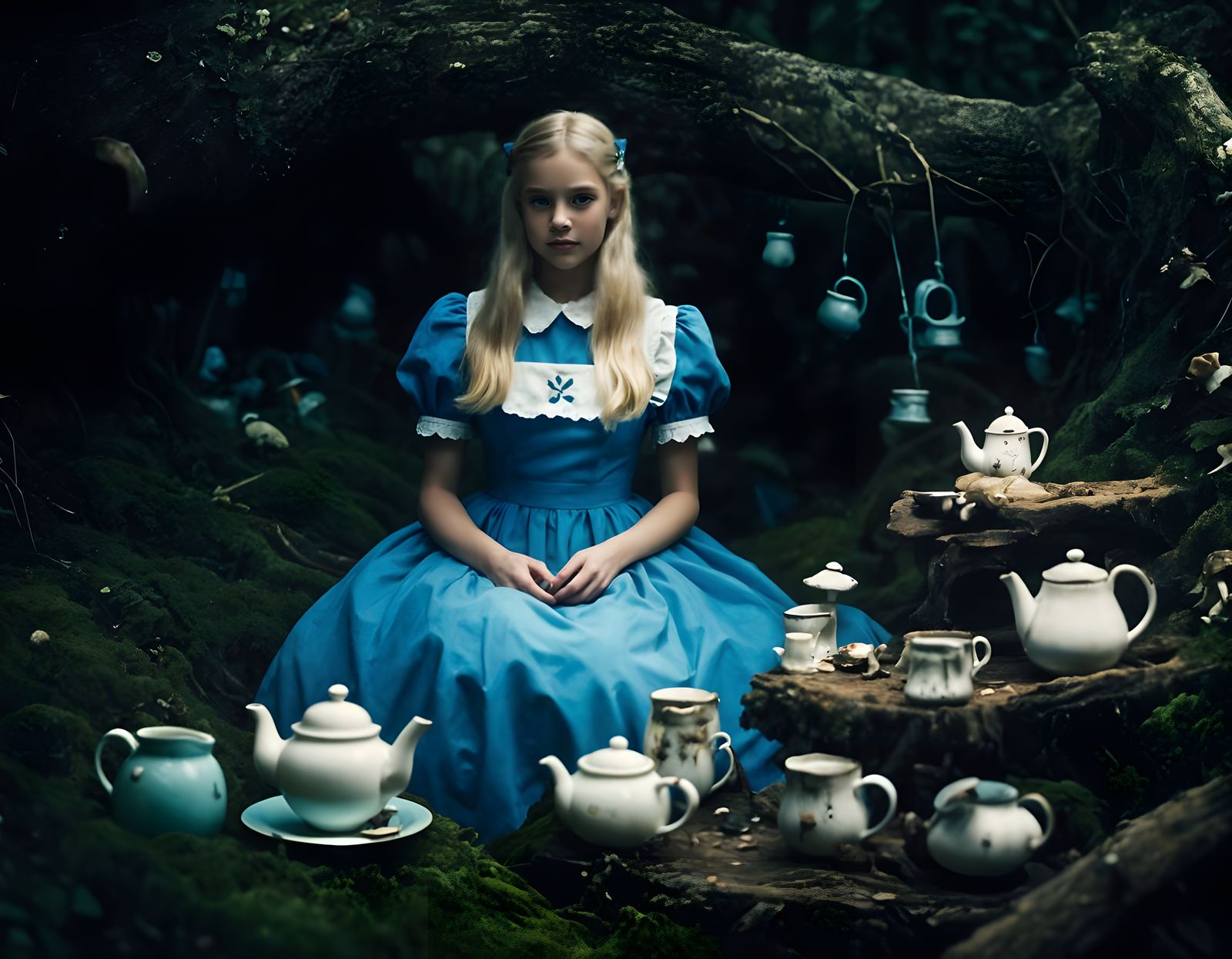 Whimsical Alice in a Haunting Wonderland Landscape