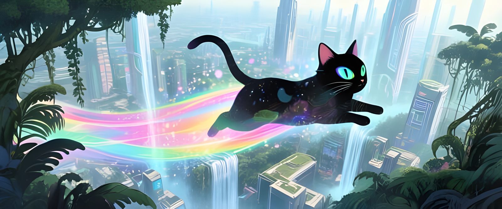 Flying Cat Double Exposure in Ukiyo-e Style